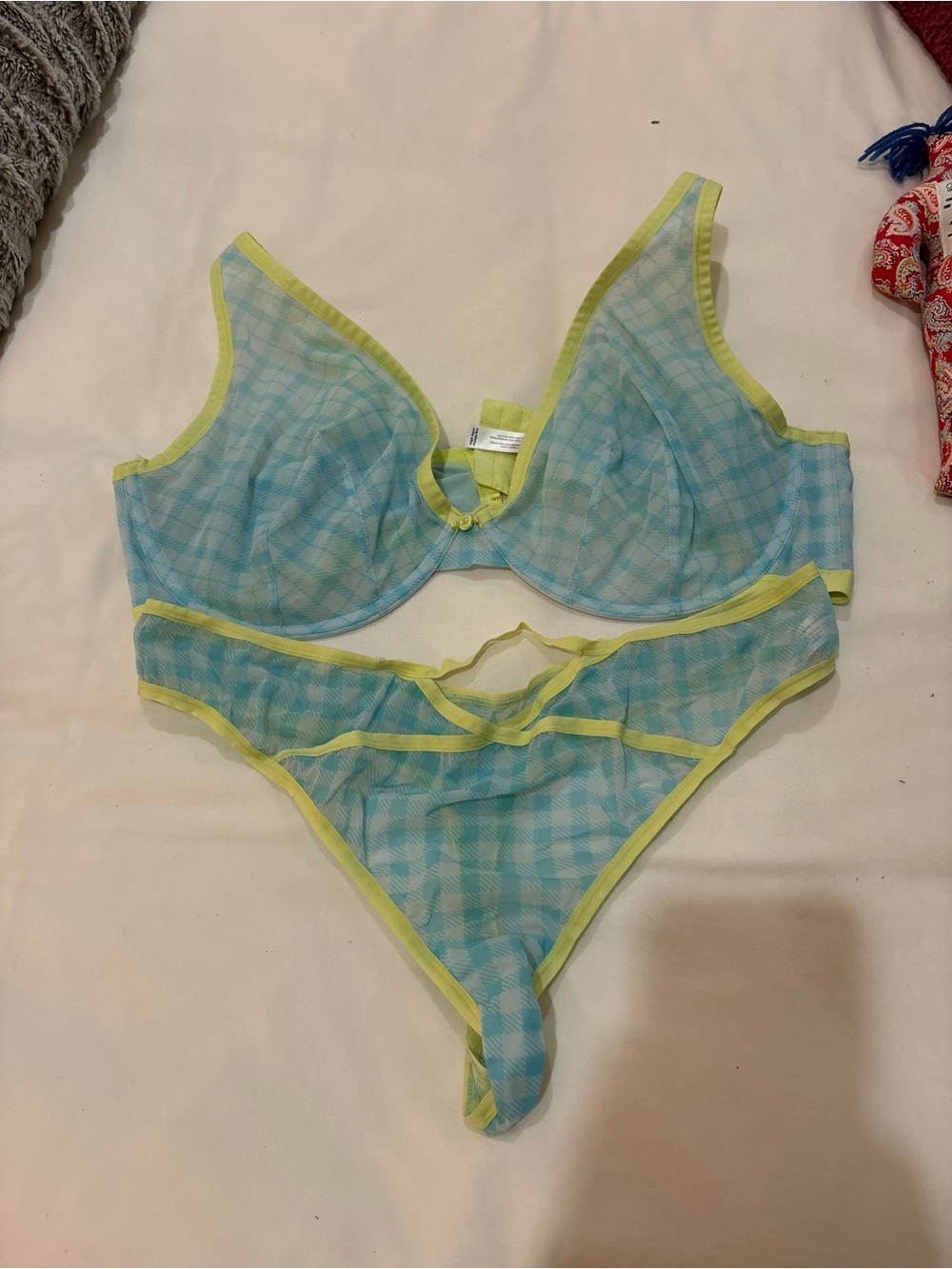 Cacique Sheer Aqua Check Mesh Bra & Panty Set with Yellow Trim